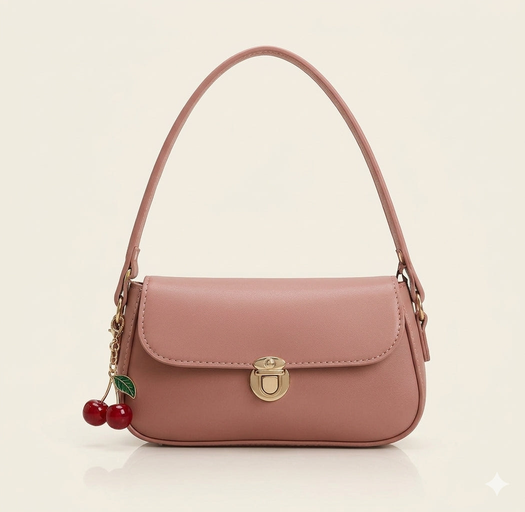 Elegant Ladies Handbag with Cherry Charm β Chic Shoulder Bag - Black