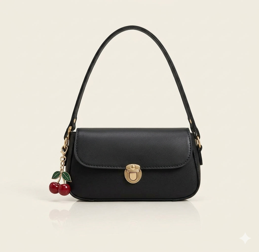 Elegant Ladies Handbag with Cherry Charm β Chic Shoulder Bag - Black