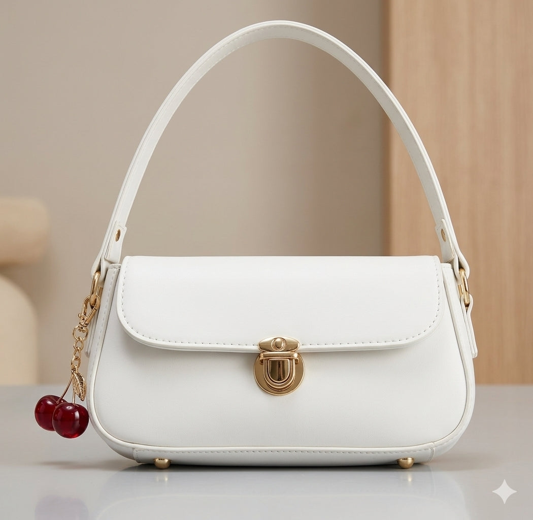 Elegant Ladies Handbag with Cherry Charm – Chic Shoulder Bag - Black