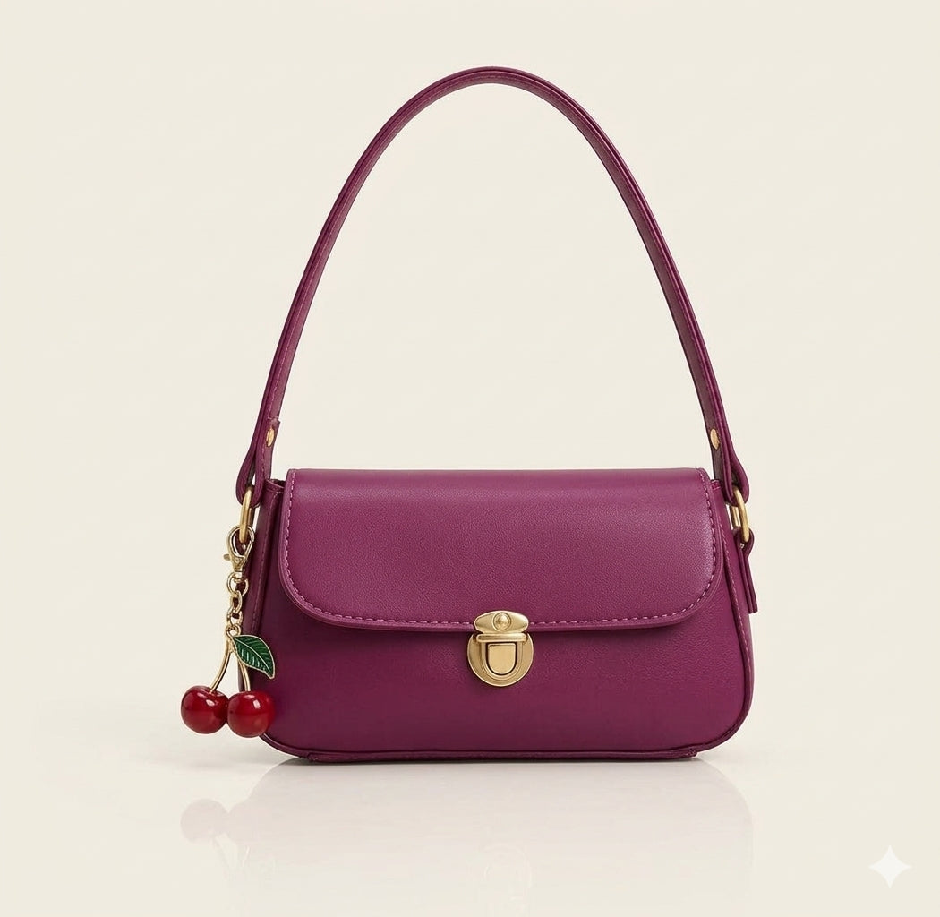 Elegant Ladies Handbag with Cherry Charm – Chic Shoulder Bag - Black