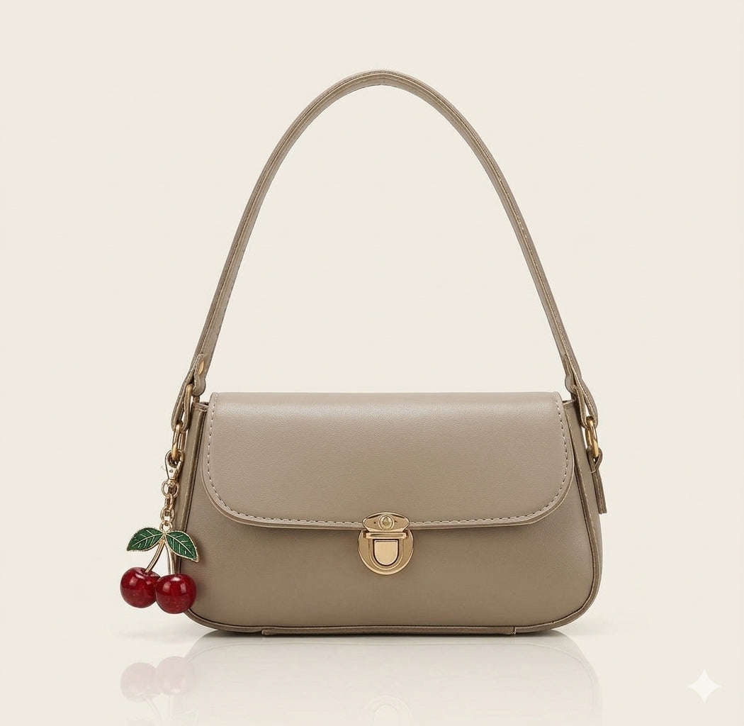 Elegant Ladies Handbag with Cherry Charm – Chic Shoulder Bag - Black